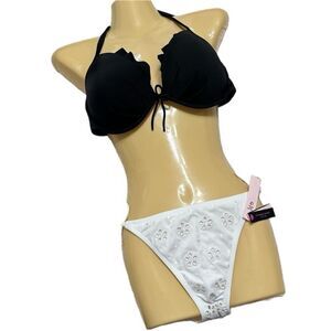 VS BLACK RUFFLE TOP SZ 38C & WHITE EYELET SIDE TIE BIKINI BOTTOM SZ‎ LARGE NWT